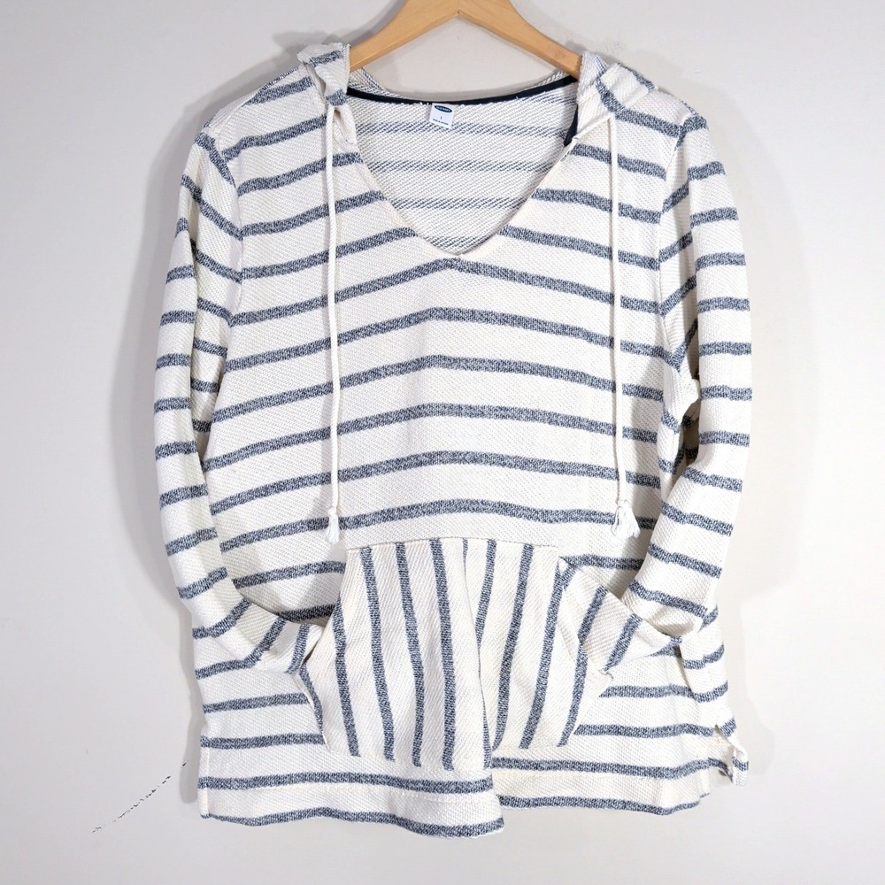 Old Navy White Blue Stripe Hoodie; Textured Beach V-Neck Pullover